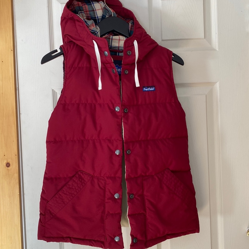 Penfield x Madewell collaboration lucedale down red plaid vest